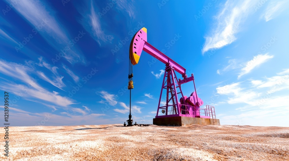 Fototapeta premium Pink oil pumpjack operating in a dry desert under a bright blue sky.