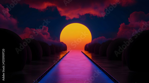 Luminous pink, blue pathway converging toward vibrant yellow sun descending behind clouds, flanked by dark spheres on reflective surface