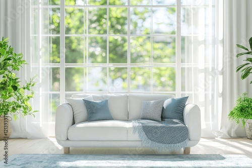 Modern living room sofa, sunlit window, green garden view, home decor