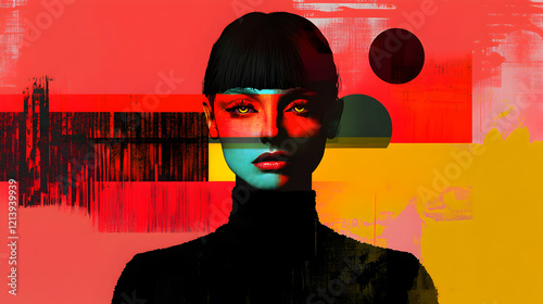 Stylized portrait featuring woman in black turtleneck, vibrant yellow eyes, red lips emerging from bold abstract background with geometric brush strokes in red, yellow, black, light pink
