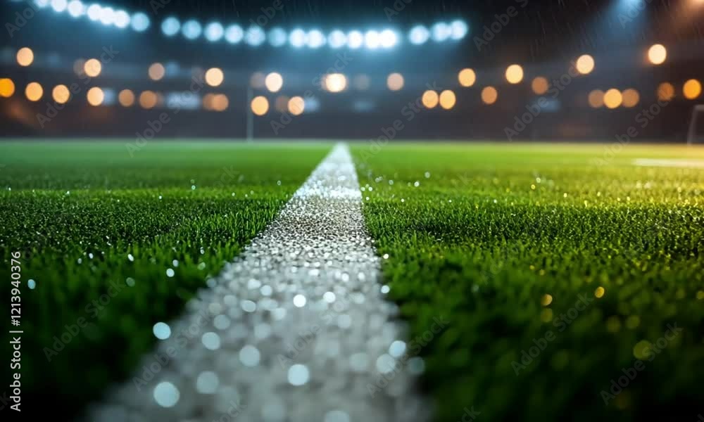 Rainy Night Football Field Close Up Stadium Lights