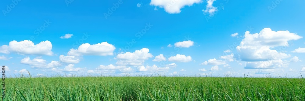field under bright blue sky with white fluffy clouds, countryside view, green grass field under bright blue sky with white fluffy clouds, countryside view, green grass