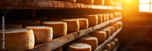 A rustic cheese cellar with sunlight streaming through a window illuminating shelves of aged cheese wheels symbolizing traditional food craftsmanship
