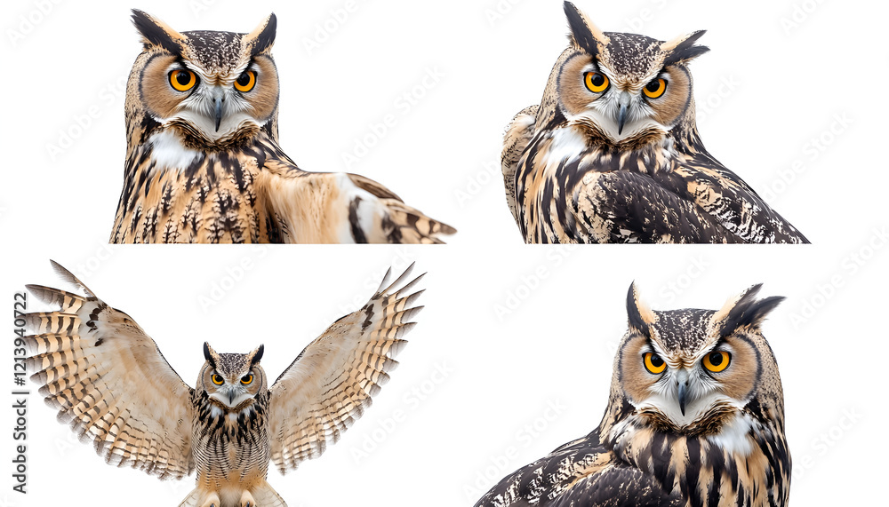 Obraz premium Collage with photos of beautiful eagle owl on white background