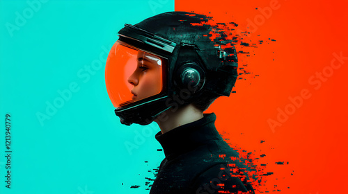 Futuristic astronaut profile with orange tinted helmet fragmenting into digital pixels against dynamic two color backdrop, representing technological transformation