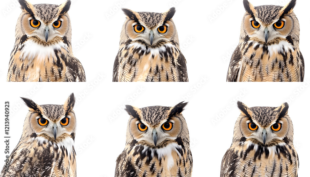 Collage with photos of beautiful eagle owl on white background Collage with photos of beautiful eagle owl on white background