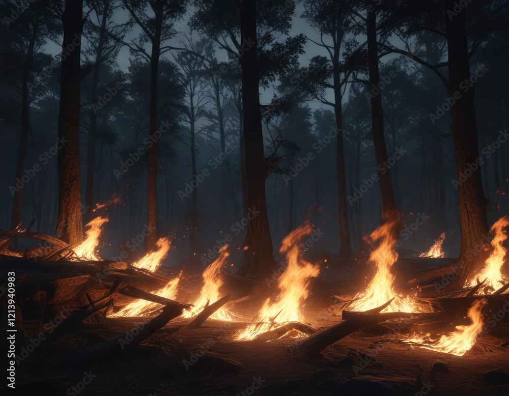 Flames dancing in the darkness of a forest at night, forest, nature Flames dancing in the darkness of a forest at night, forest, nature