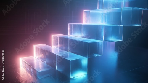 Neon-lit glass staircase ascends into darkness.