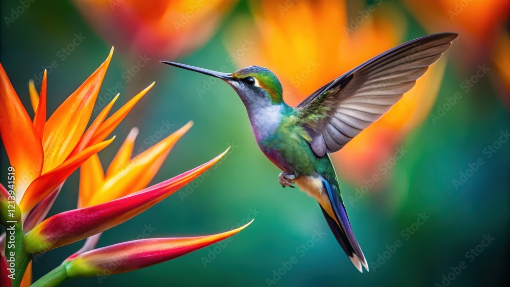 Fototapeta premium A stunning close-up shot of a flying hummingbird in mid-air, with its tiny body and delicate wings visible against the vibrant colors of a Strelitzia flower , birds, inflight