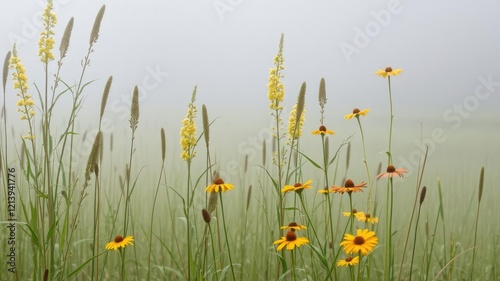 Foggy marsh with tall stalks of goldenrod and black-eyed susans, goldenrod, marshy terrain, wetlands