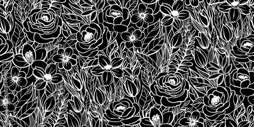 Seamless black-and-white floral pattern featuring roses, blossoms, and detailed leaves. Perfect for textiles, wallpapers, wrapping paper, branding, packaging, and digital or print design projects.