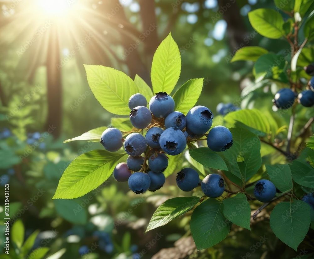 Fresh blueberries on a bush under the sunlight in a forest, food photography, ripe berries Fresh blueberries on a bush under the sunlight in a forest, food photography, ripe berries