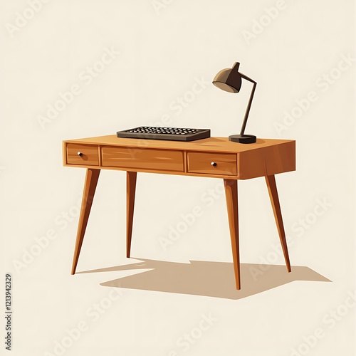 Mid-Century Modern Desk with Lamp and Keyboard photo