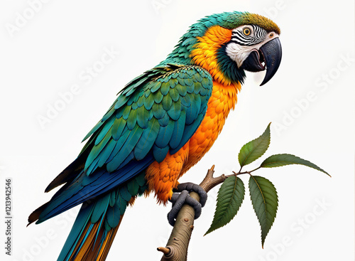 The vibrant image features a stunning parrot perched on a branch, showing off its bright colors and mesmerizing gaze. Perfect for nature, wildlife and tropical projects.