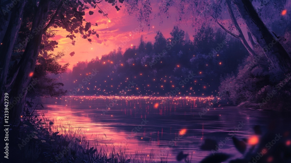 Obraz premium Magical Sunset Over Calm Lake Fireflies Dance