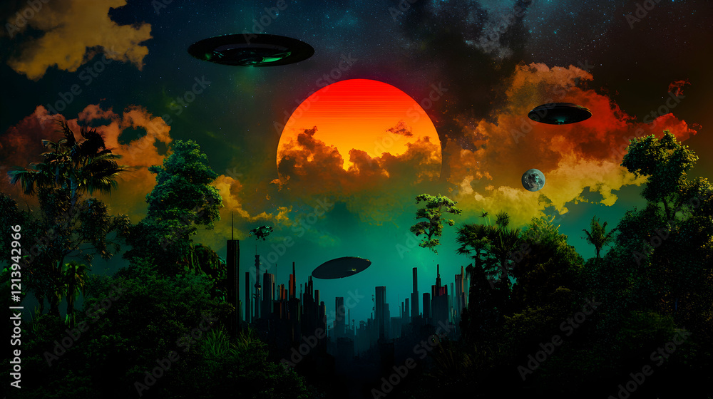 Obraz premium Futuristic cityscape skyline near tropical forest with spaceships flying and hovering in colorful sunset sky with large red sun and planet, science fiction invasion concept
