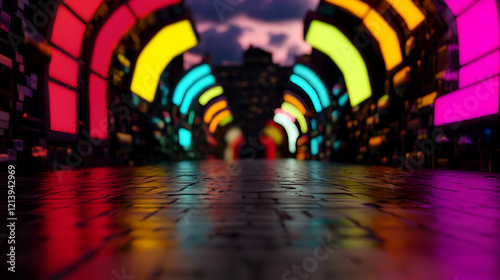 Low angle view of a futuristic neon tunnel with colorful lights leading to a metaverse city at sunset, creating a mesmerizing and vibrant atmosphere
