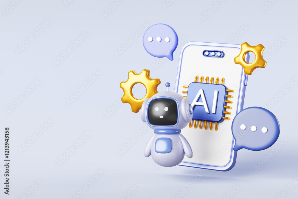 Chatbot technology 3d banner. Mobile phone with ai chip icon on screen, robot, speech bubble, gears render. Online chat bot service with artificial intelligence GPT, support assistant. 3D illustration Chatbot technology 3d banner. Mobile phone with ai chip icon on screen, robot, speech bubble, gears render. Online chat bot service with artificial intelligence GPT, support assistant. 3D illustration