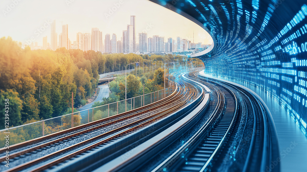 Fototapeta premium Digital Rails Leading to Progress: A futuristic, cityscape skyline is framed by a railway track, adorned with a wall of binary code.