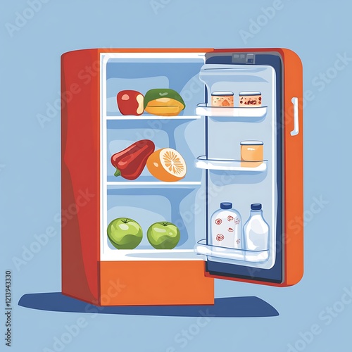 Open red refrigerator with food. Interior view. Illustration. Stock photo photo