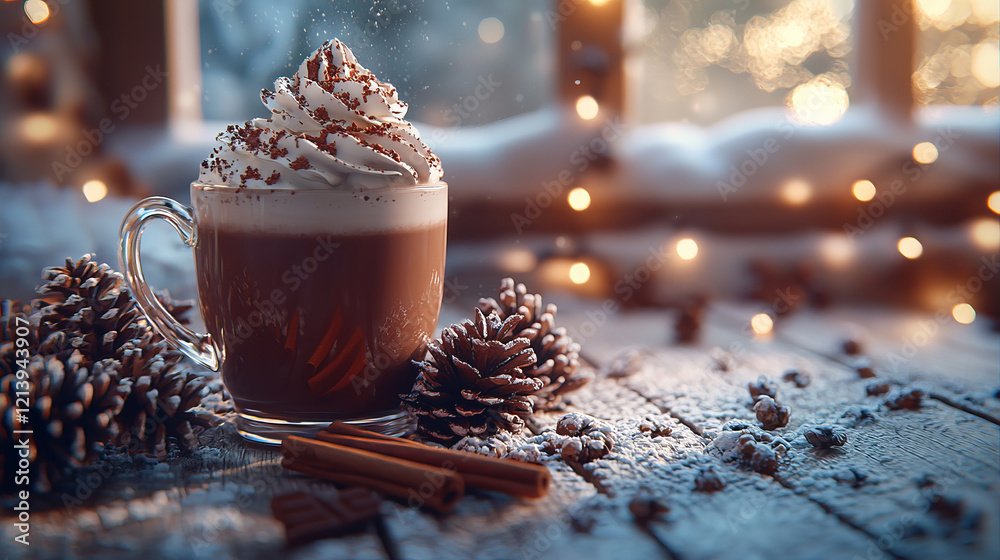 Hot chocolate with whipped cream and cinnamon on snowy wooden table. Hot chocolate with whipped cream and cinnamon on snowy wooden table.