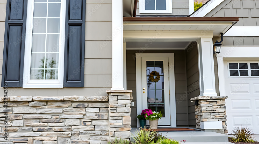 Fototapeta premium Dream House Exterior: Modern Home Design with Stone Accents and Landscaping