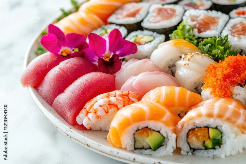 Assorted sushi platter, restaurant setting, orchids, marble Assorted sushi platter, restaurant setting, orchids, marble