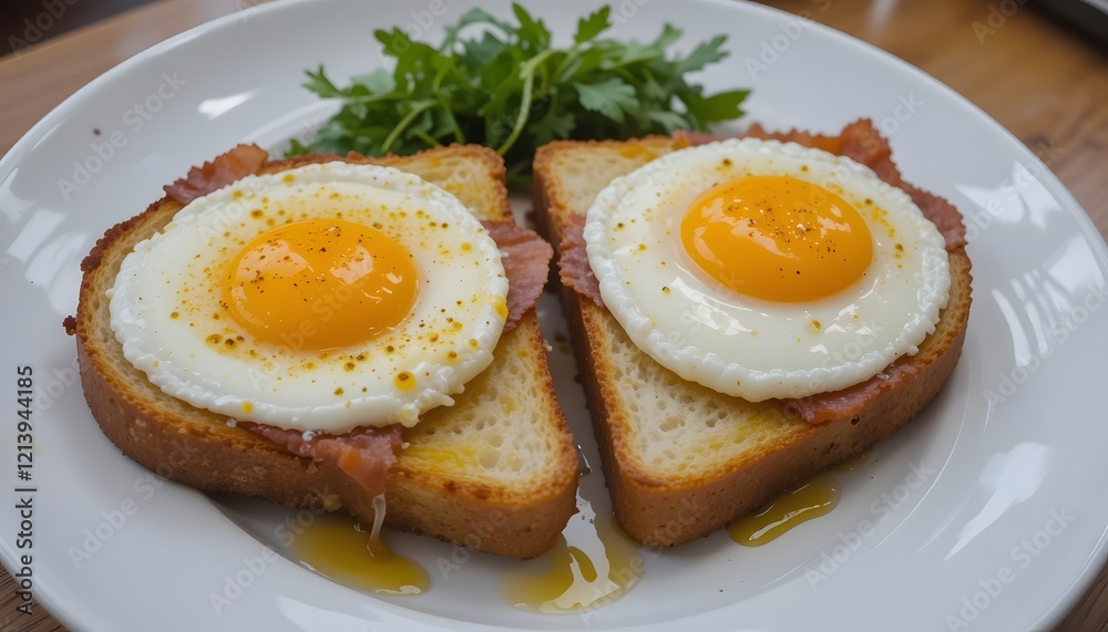 Slices of toast with a soft-boiled egg in the center, served with crispy bacon strips and a small side of arugula salad drizzled with olive oil. Slices of toast with a soft-boiled egg in the center, served with crispy bacon strips and a small side of arugula salad drizzled with olive oil.