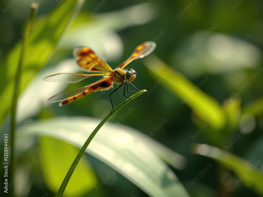 Close view of a dragonfly with yellow and black wings sitting on a leaf in its natural habitat, nature, macro, outdoors Close view of a dragonfly with yellow and black wings sitting on a leaf in its natural habitat, nature, macro, outdoors
