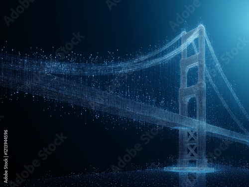 Digital Golden Gate: An ethereal, digital rendering of the Golden Gate Bridge, constructed from glowing particles and lines.