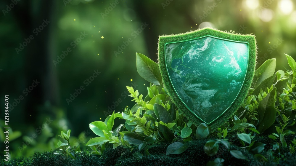 Fototapeta premium earth Protect A vibrant green shield superimposed over a detailed image of Earth, symbolizing protection and preservation.