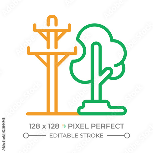 Power lines and trees two color line icon. Electrical safety. Vegetation management. Urban planning. Bicolor outline symbol. Duotone linear pictogram. Isolated illustration. Editable stroke