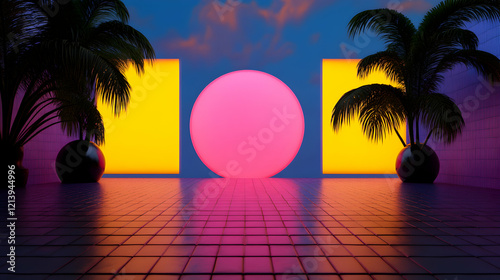 Synthwave inspired graphic design blending retro futuristic elements, featuring stylized palm trees, pink circle, yellow rectangles, checkered floor representing nostalgic Miami vibe photo