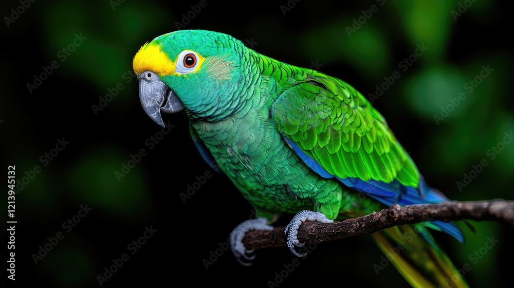 Yellow-lored Amazon parrot perched on branch, rainforest background, wildlife photography for nature documentaries Yellow-lored Amazon parrot perched on branch, rainforest background, wildlife photography for nature documentaries