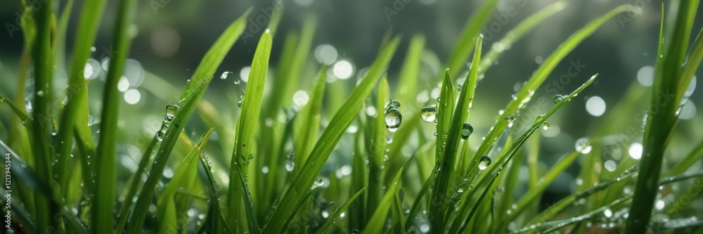 Macro photography of dew drops on green blades of grass, dew drops, blades of grass, spring Macro photography of dew drops on green blades of grass, dew drops, blades of grass, spring
