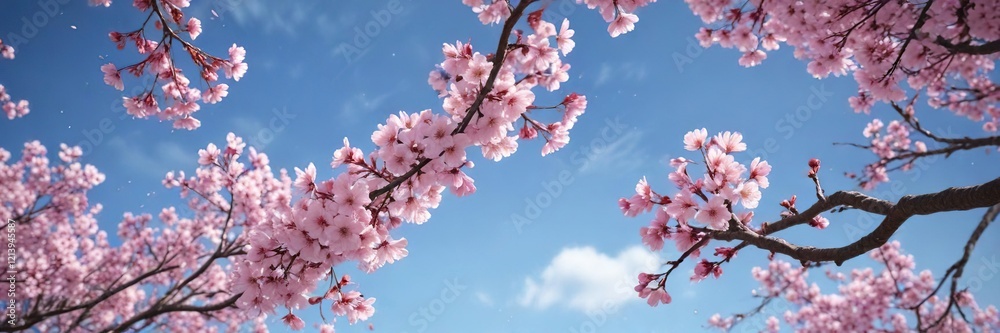 Pink sakura blossoms falling against a blue sky backdrop, Japanese cherry tree, clear Pink sakura blossoms falling against a blue sky backdrop, Japanese cherry tree, clear