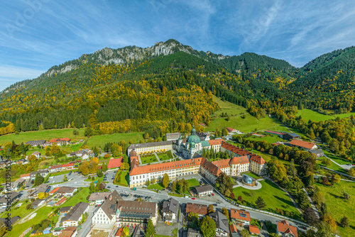 Die Gemeinde Ettal im oberbayericshen Kreis Garmisch-Partenkirchen im Luftbild photo