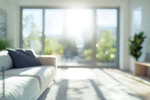 Sunny living room, sofa, garden view, relaxation, home decor