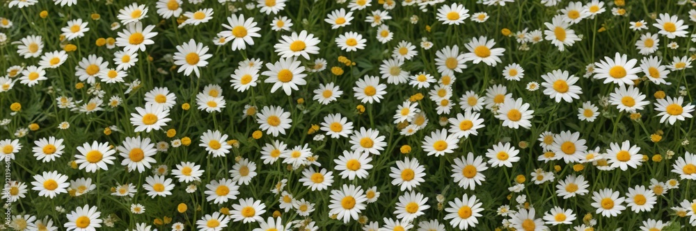 Fototapeta premium Vibrant wild chamomile and oxeye daisy meadow pattern, floral, vibrant, wildflowers, oxeye daisy