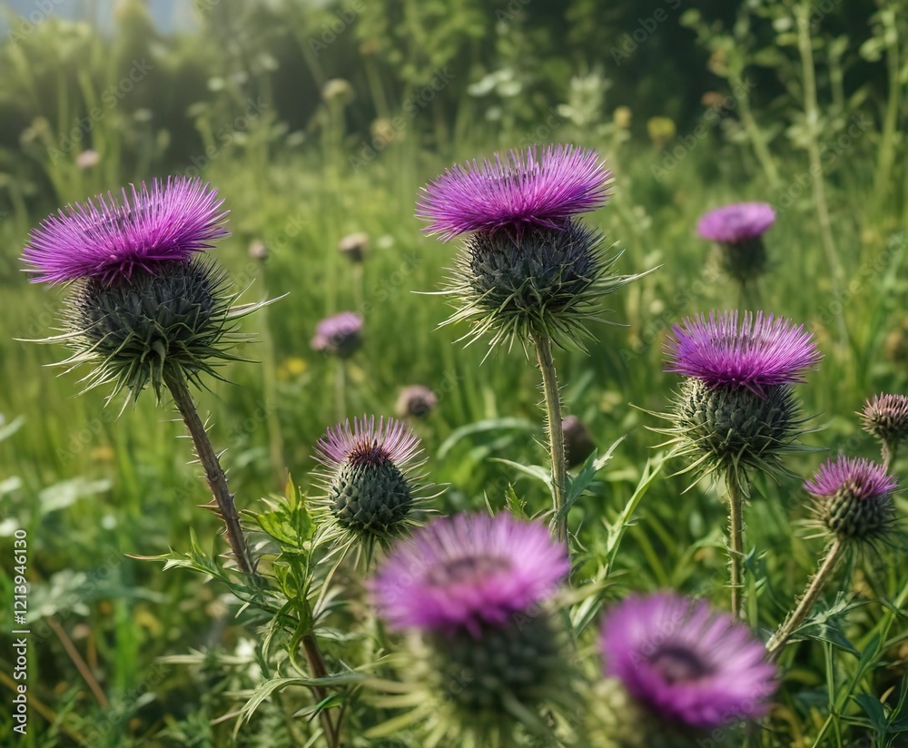 Vibrant wild thistles contrasting with the greenery, vivid, wild plant, plant life, colorful Vibrant wild thistles contrasting with the greenery, vivid, wild plant, plant life, colorful