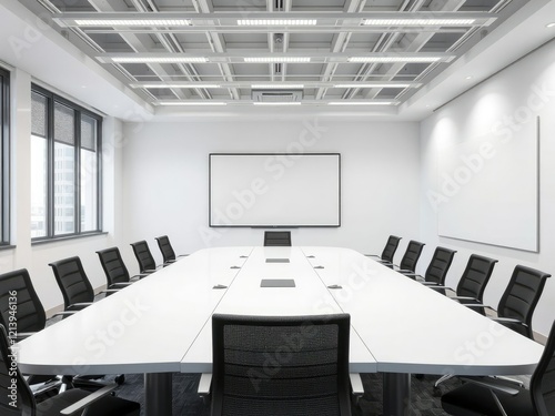 Collaborative meeting room with large table and whiteboard, modern furniture, whiteboard