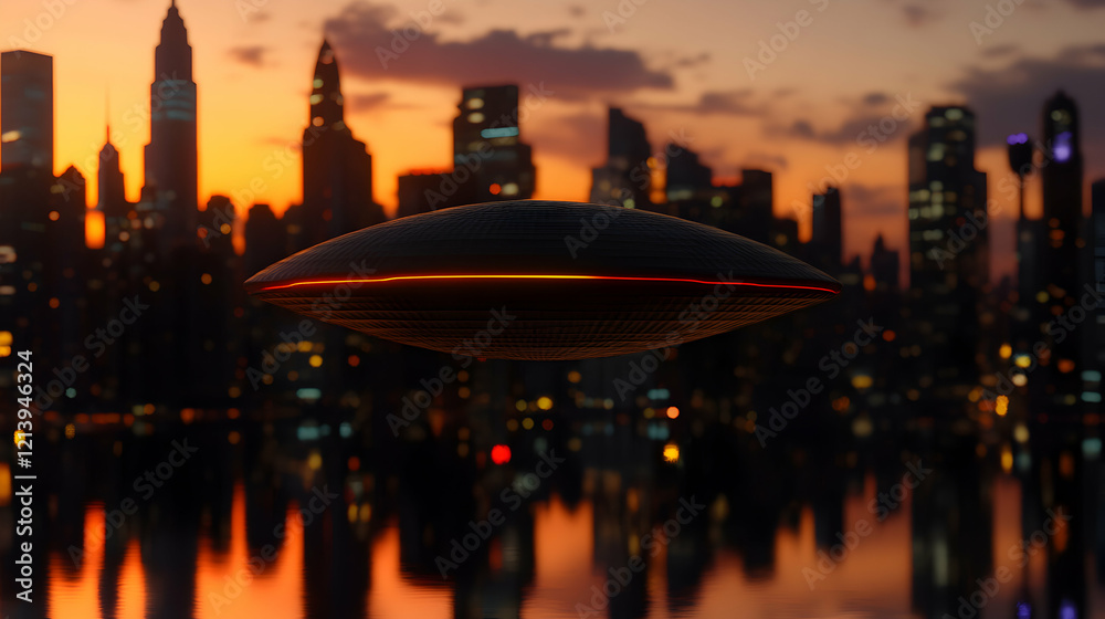 Naklejka premium Large alien spaceship hovering over the vibrant New York City skyline at sunset, casting an otherworldly glow on the metropolis, creating a captivating science fiction scene