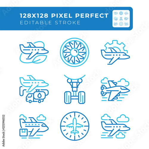 Aviation industry two color line icons set. Air travel. Aircraft operations. Business and cargo aircraft. Bicolor outline iconset isolated. Duotone pictograms thin linear. Editable stroke