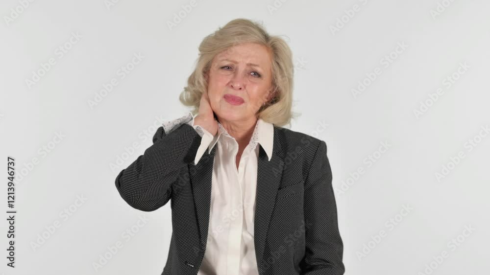 Senior Business Woman with Neck Pain on White Background Senior Business Woman with Neck Pain on White Background