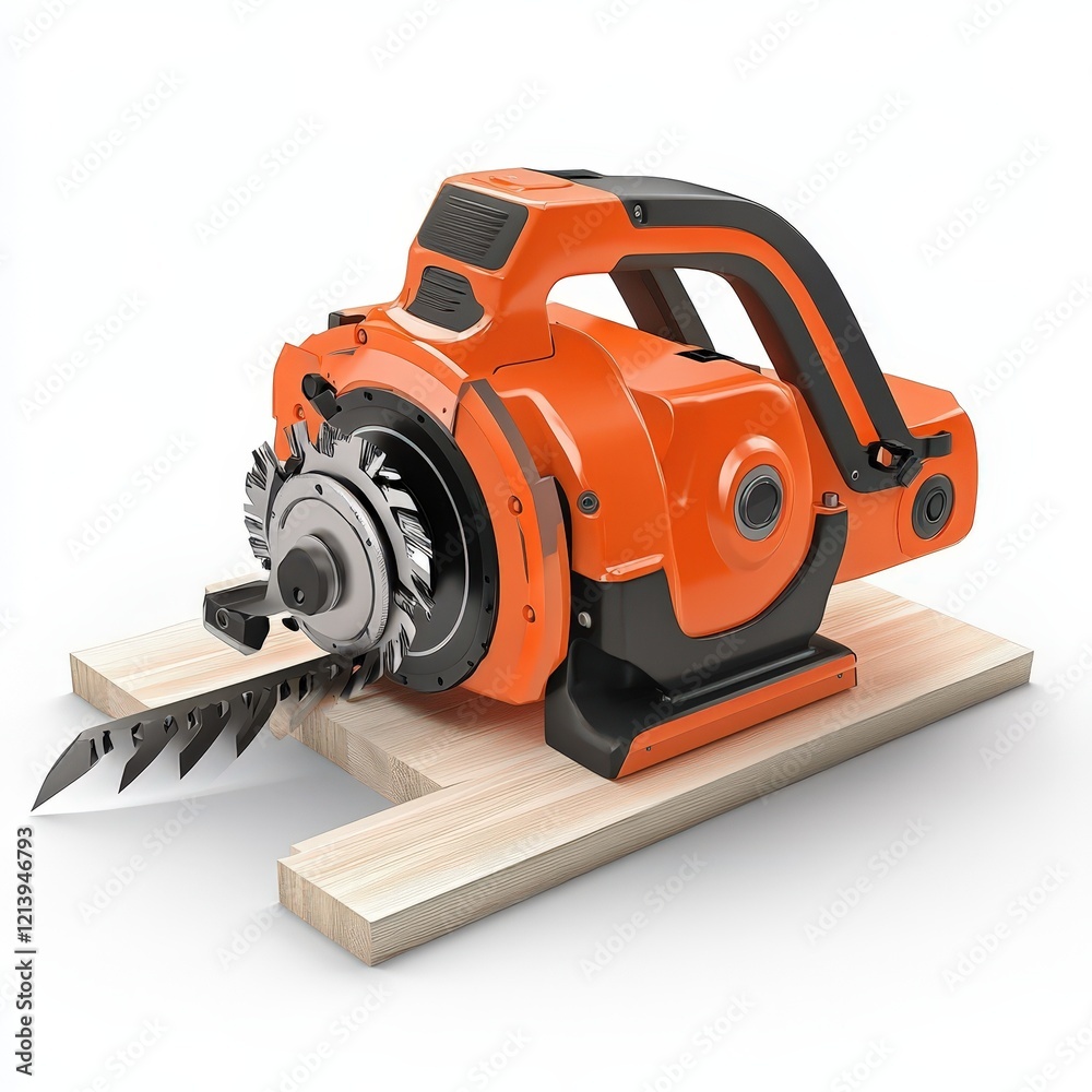 Orange Power Tool Cutting Wood With Precision Blade Orange Power Tool Cutting Wood With Precision Blade