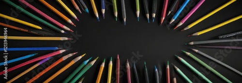 Colorful pencils scattered around an empty black space, creative mess, artistic disarray