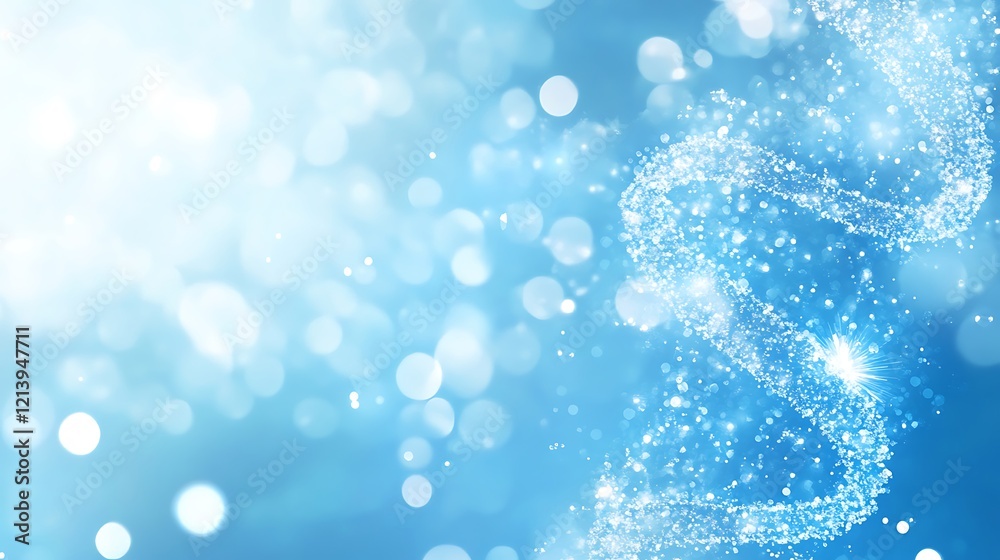 Floating DNA helix of shimmering particles on a soft blue background demonstrating the concept of genetics