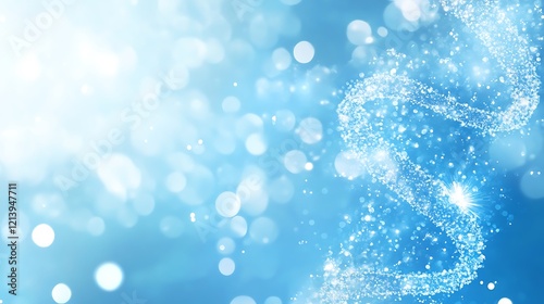 Floating DNA helix of shimmering particles on a soft blue background demonstrating the concept of genetics