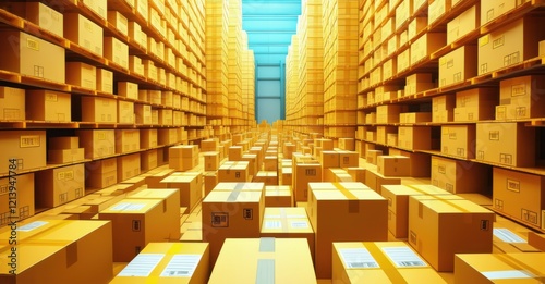 Endless warehouse filled with stacked cardboard boxes, towering storage shelves, industrial logistics hub, supply chain management, organized inventory, efficient packaging, distribution center photo