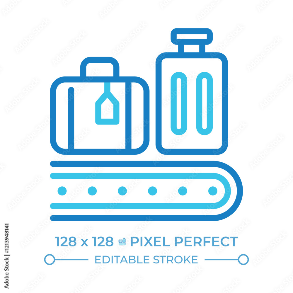 Baggage service two color line icon. Luggage on conveyor belt. Services at airport. Transporting, sorting bags. Bicolor outline symbol. Duotone linear pictogram. Isolated illustration. Editable stroke Baggage service two color line icon. Luggage on conveyor belt. Services at airport. Transporting, sorting bags. Bicolor outline symbol. Duotone linear pictogram. Isolated illustration. Editable stroke